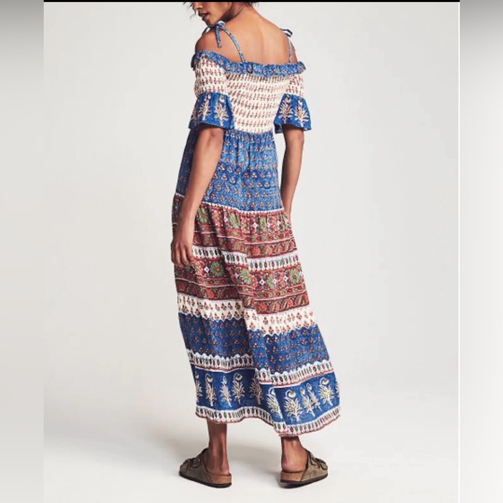 Faherty Sylvie SZ Med Blue Floral Cold Shoulder Square Neck Pullover Maxi Dress